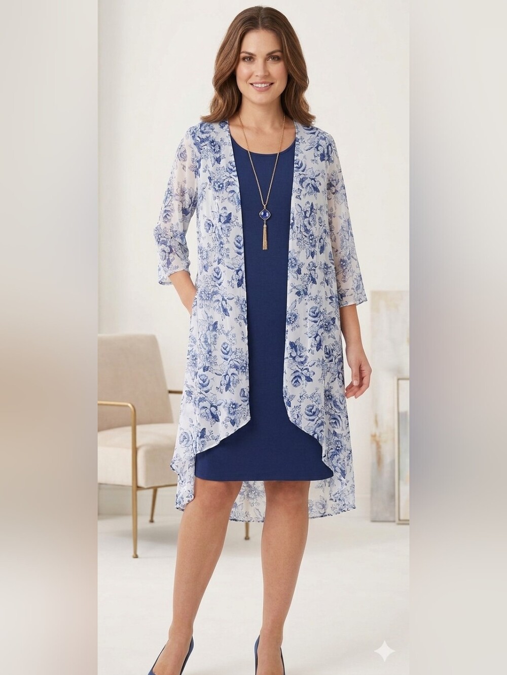 JM Studio By John Meyer Navy Sheath Dress  Blue Floral Chiffon Duster 2X New